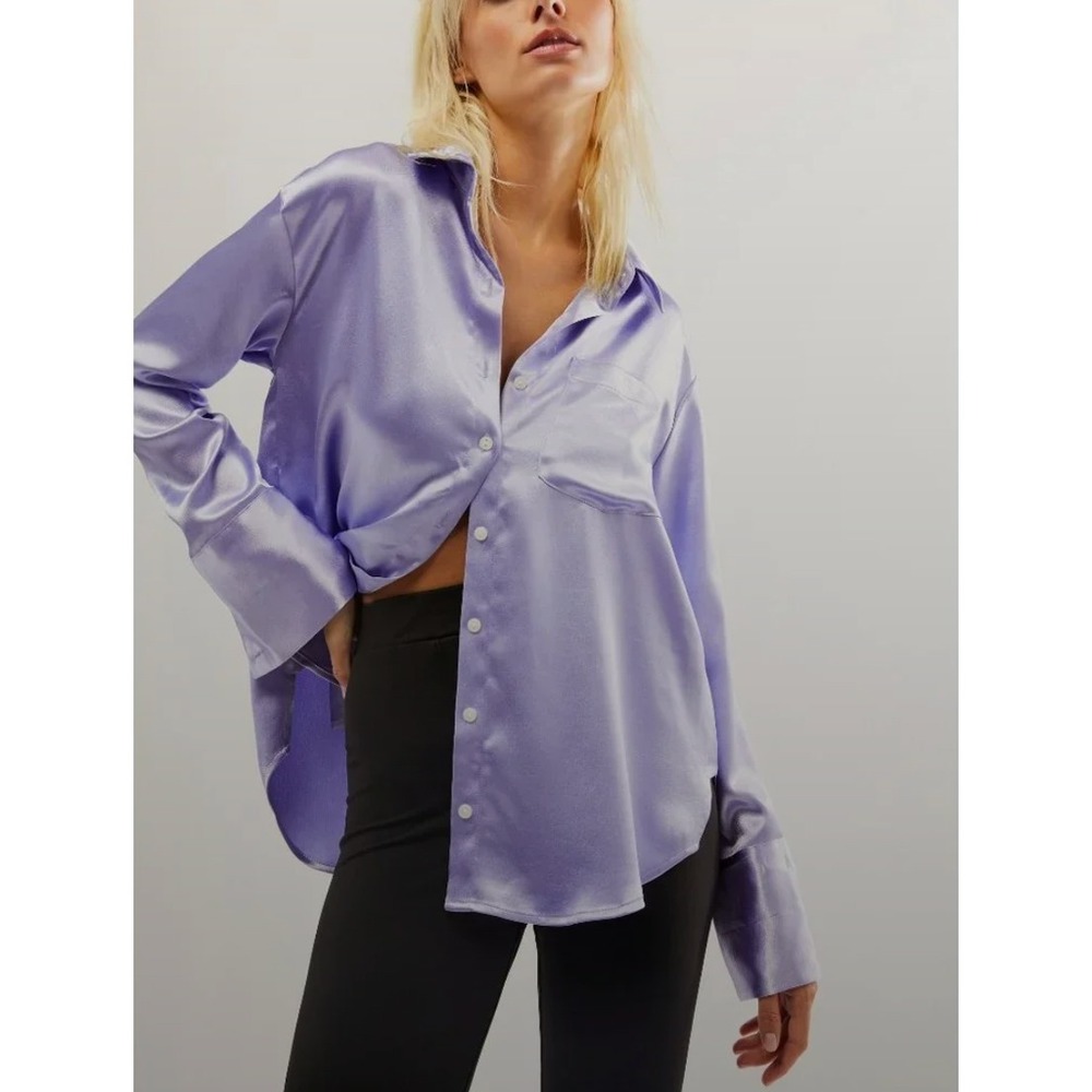 Free People Shooting For the Moon‎ Top Womens Large Lavender Satin Button Up NWT